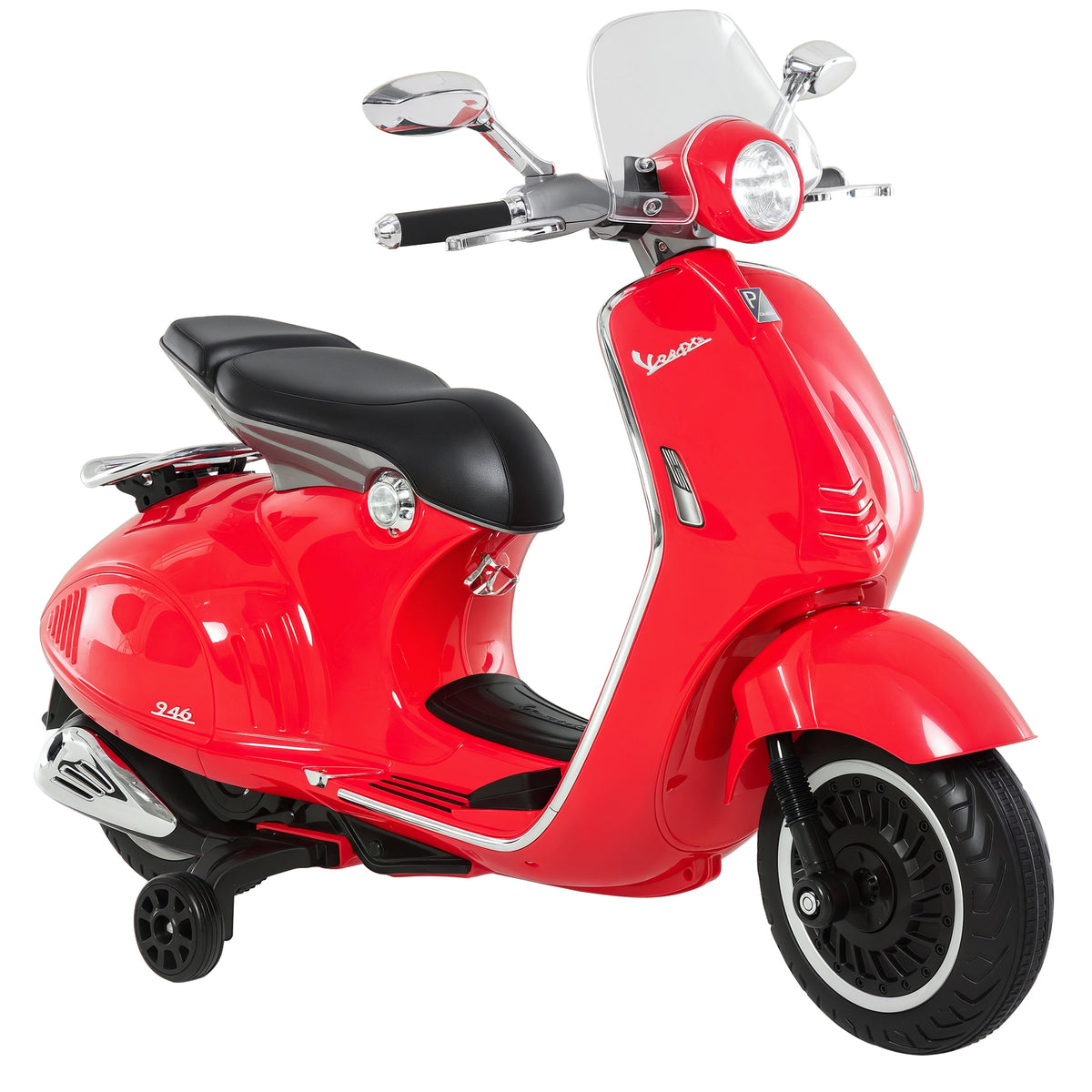 Mota Elétrica Vespa com Faróis Música 2 Rodas Auxiliares para Crianças acima de 3 Anos Mota Elétrica Infantil 108x49x75 cm Vermelha — foto 1