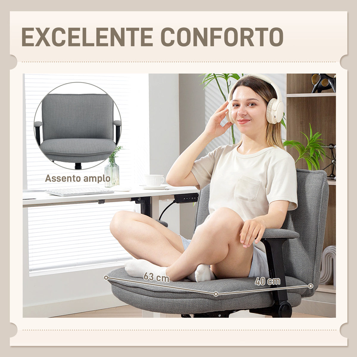 Cadeira de Escritório Cadeira de Secretária com Apoios de Braço Rebatíveis Assento Largo sem Rodas Altura Ajustável Giratória Função Basculante e Estofada em Linho 76x70x85-97 cm Cinzento — foto 4