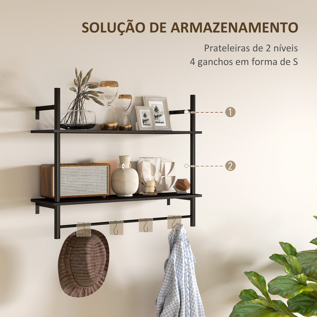 Estante de Parede de 2 Níveis Estante Suspensa Prateleiras de Parede com 4 Ganchos 2 Prateleiras e Estrutura de Metal para Entrada Cozinha Sala de Estar 80x24x65 cm Preto — foto 4