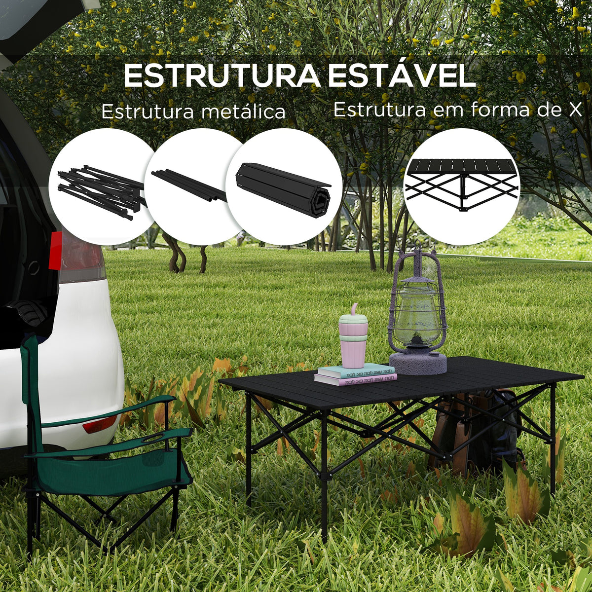 Mesa de Campismo Dobrável de Metal com Tampo Enrolável e Bolsa de Transporte Mesa de Piquenique Portátil para Campismo Trekking Praia e Barbecue 95x55x50 cm Preto — foto 5