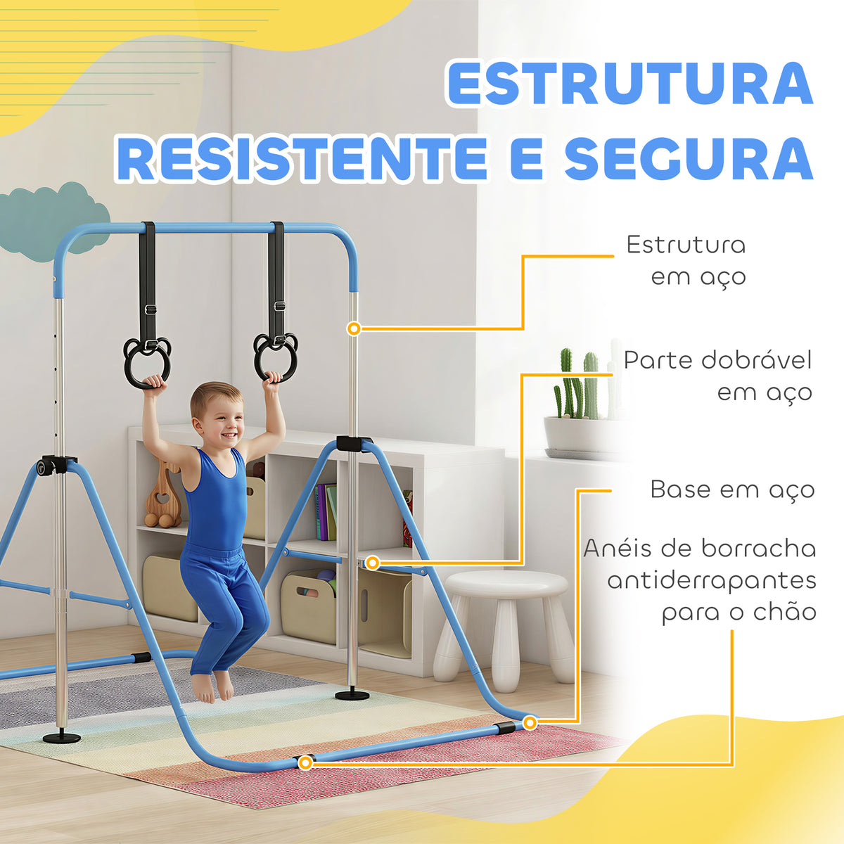 Barra de Ginástica para Crianças com Altura Ajustável em 5 Níveis e Anéis Barra de Treino de Ginástica Dobrável 148x105x88-128 cm Azul — foto 5
