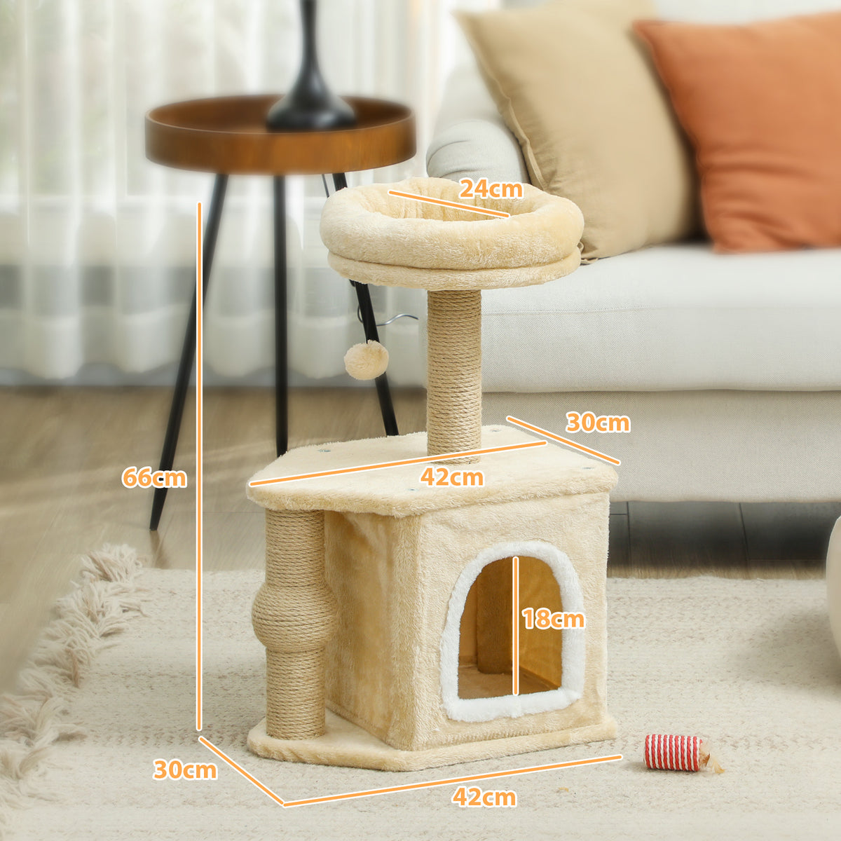 Arranhador para Gatos Altura 66 cm Arranhador para Gatos com Cama Caverna Plataforma Bola Suspensa e Poste de Juta 42x30x66 cm Marrom — foto 3