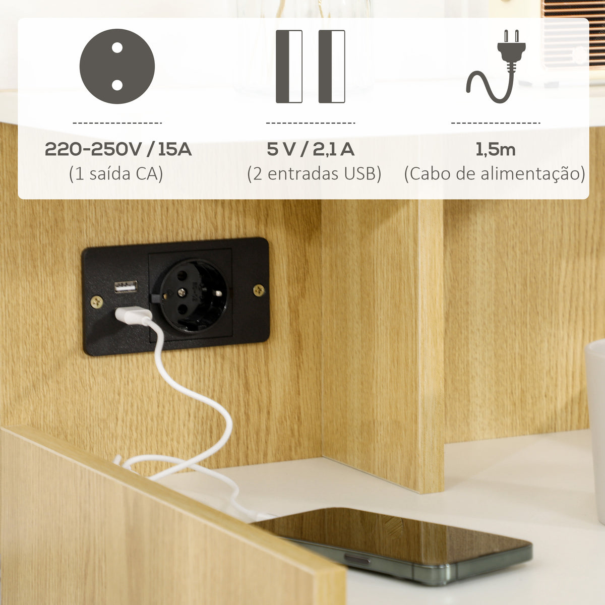 Mesa de Cabeceira Moderna Mesa de Cabeceira com Entrada USB Tomada Elétrica Gaveta e Prateleiras Mesa de Cabeceira para Dormitório 40x40x60 cm Madeira — foto 4