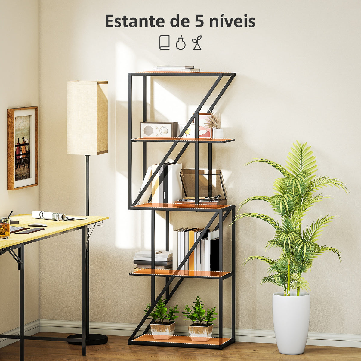 Estante de 5 Níveis Estante para Livros Estilo Industrial com Prateleiras Abertas e Estrutura de Aço para Sala de Estar Quarto e Escritório 60x30x165 cm Madeira e Preto — foto 4