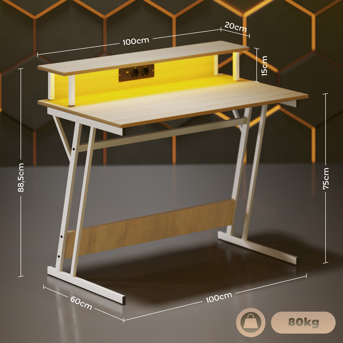 Mesa Gaming com Luzes LED, 100x60 cm, Secretária Gaming, Mesa Gamer com Tomadas Elétricas, Suporte para Monitor, Prateleiras e Controlo Remoto, para Escritório, Estúdio, Natural — foto 3