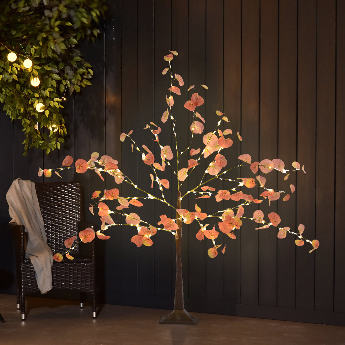 Árvore de Eucalipto Artificial 120 cm Árvore Artificial com 175 Luzes LED e Base Decoração para Interior e Exterior Laranja e Marrom — foto 2