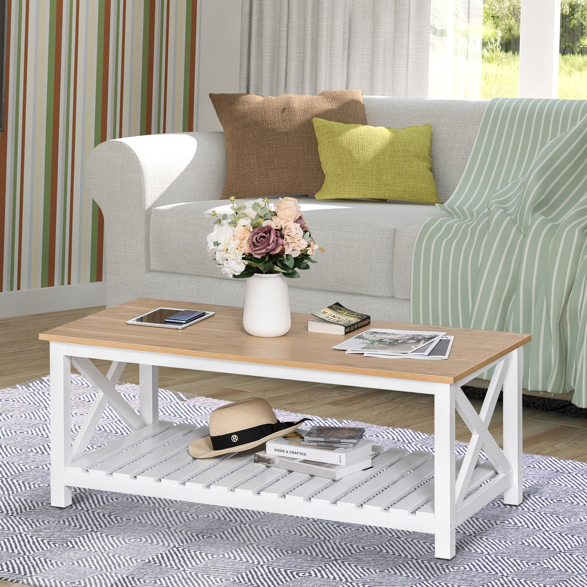 Mesa de Centro para Sala de Estar Mesa de Café com Prateleira de Armazenamento Inferior 116x60x48cm Madeira Natural e Branco — foto 2