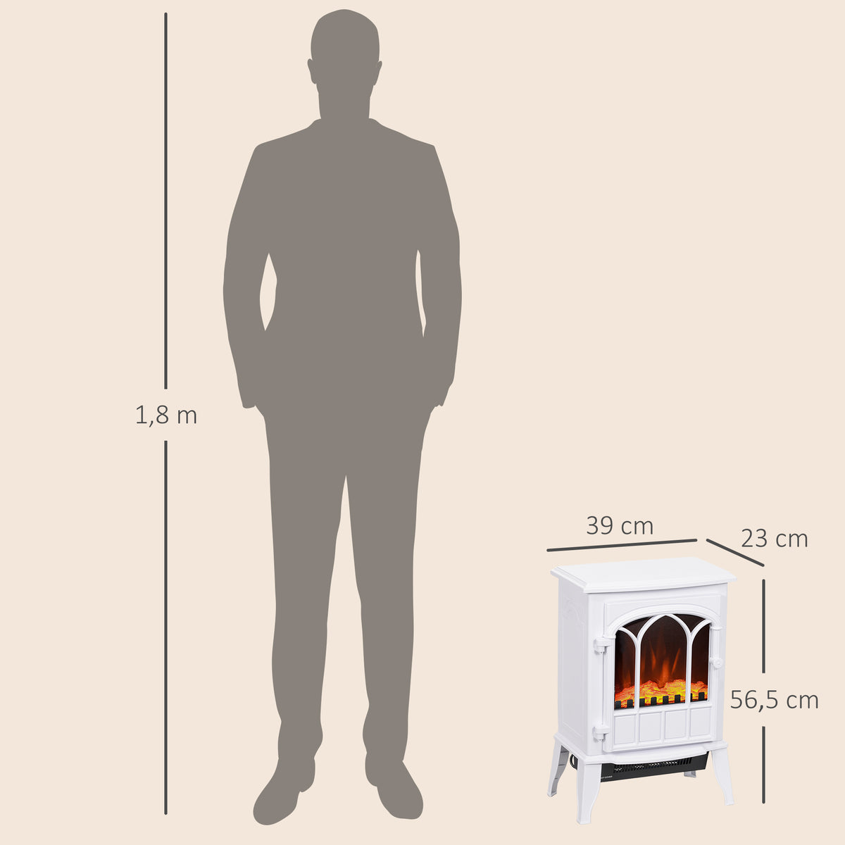Lareira Elétrica Portátil 1000/2000W com Efeito de Chama Realista e Proteção Contra Superaquecimento para Ambientes entre 15-30m² 39x23x56,5 cm Branco — foto 3