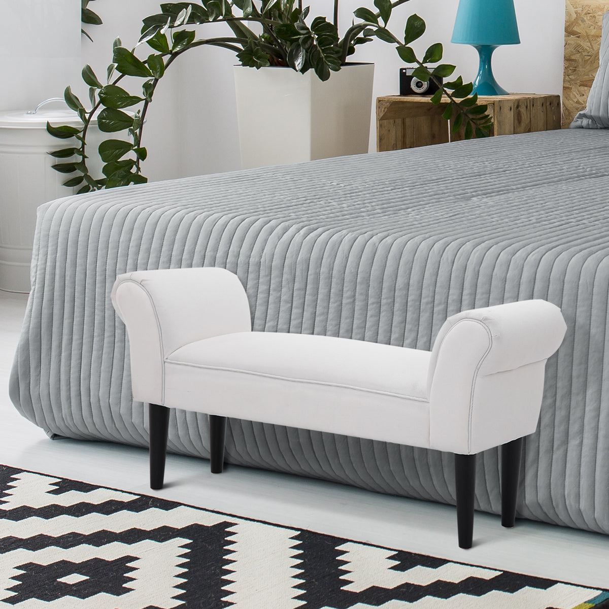Banco de Pé de Cama Banco com Braços Curvados Estofado e Pés de Madeira para Dormitório Entrada Sala de Estar Carga Máxima 130kg 102x31x51cm Branco — foto 4
