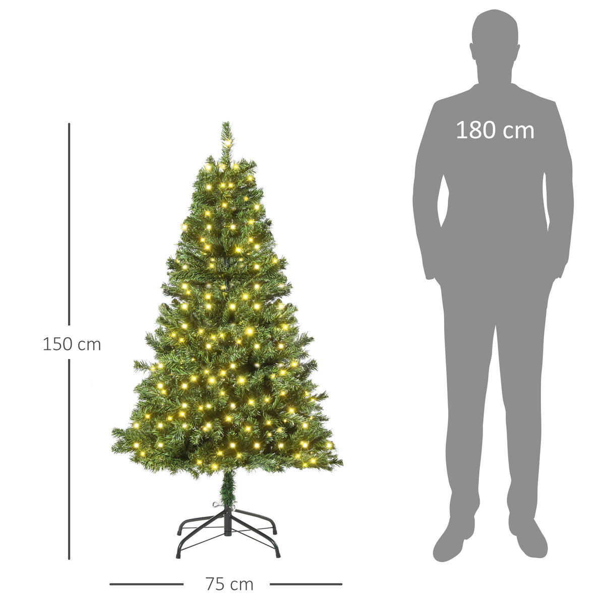 HOMCM Árvore de Natal Artificial com 490 Ramos 170 Luzes LED e Base Dobrável de Metal para Interior Ø75x150 cm Verde — foto 3