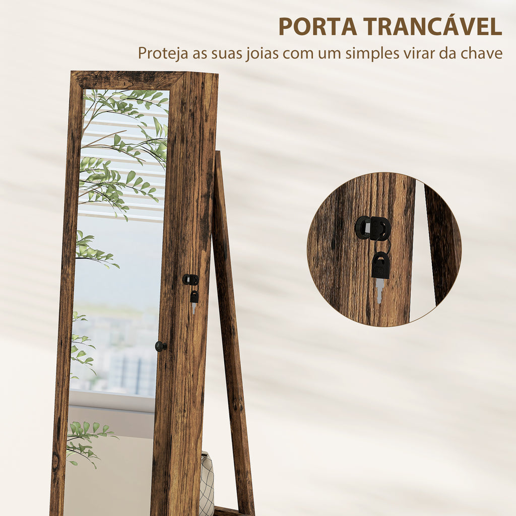Joalheiro de Pé Armário para Jóias 360° Organizador de Jóias com Fechadura e Espelho Incorporado Carga Máxima 20 kg 38x38x160 cm Marrom Rústico — foto 7