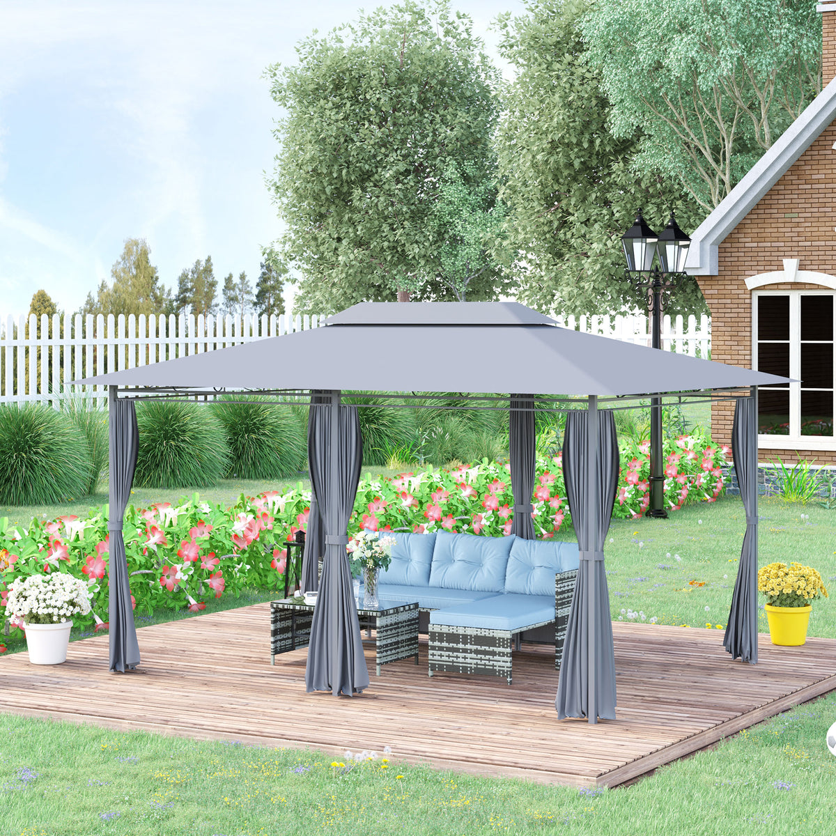 Pérgola de Jardim com Estrutura de Aço Teto Duplo 6 Cortinas Laterais 8 Orifícios de Drenagem 300x400x280 cm Cinza — foto 2