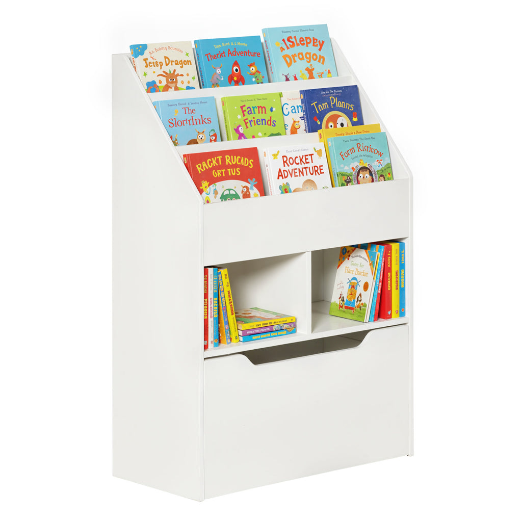Estante de Madeira para Brinquedos com 3 Compartimentos 2 Cubos e Gaveta Móvel com 4 Rodas Estante para Livros Infantil para Dormitório Infantil Sala de Jogos 60x29,9x90cm Branco — foto 1