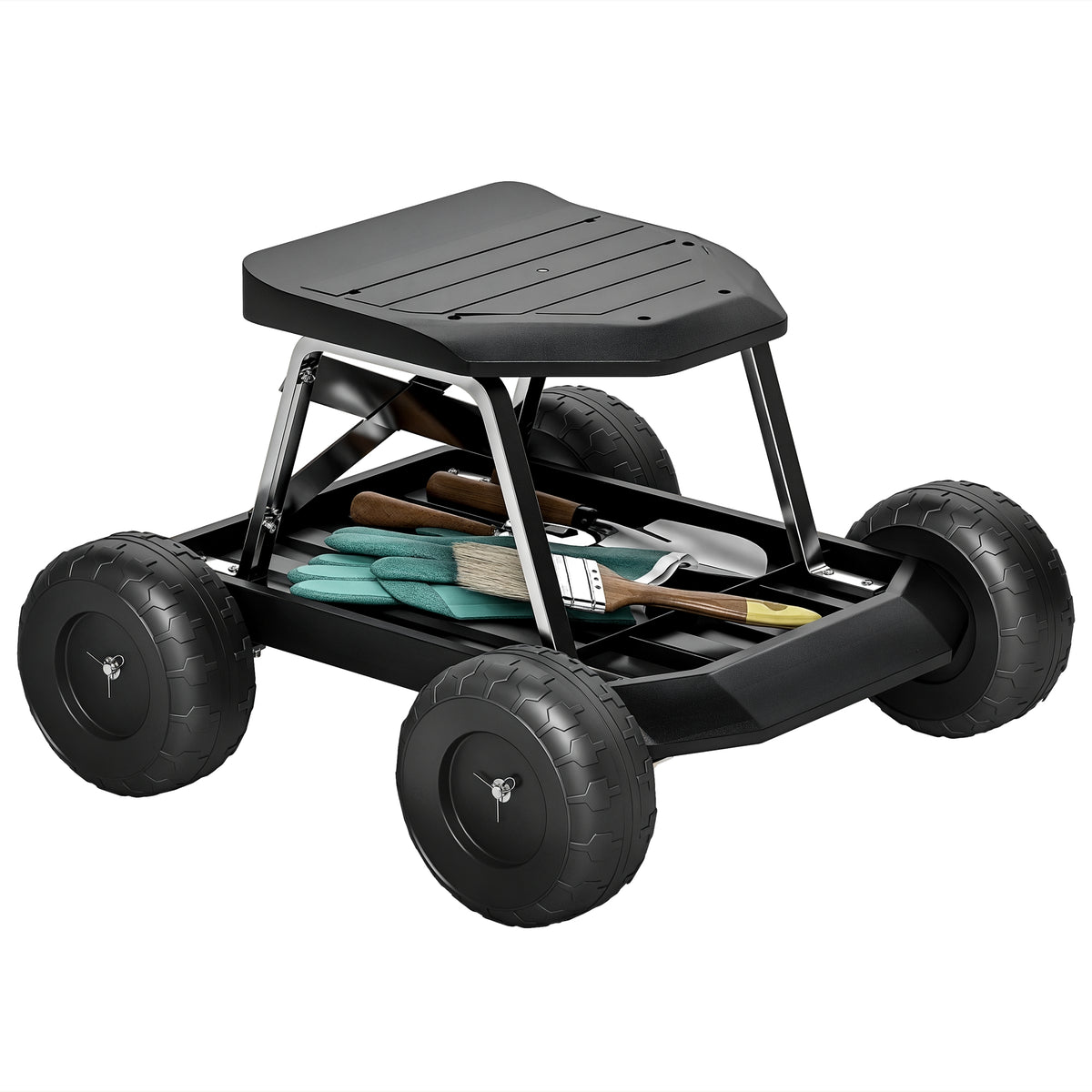 Assento de Jardim com Rodas Banco de Jardinagem com Bandeja de Ferramentas Carrinho de Trabalho Carga 130 kg para Pátio Exterior 50x49x32 cm Preto — foto 1