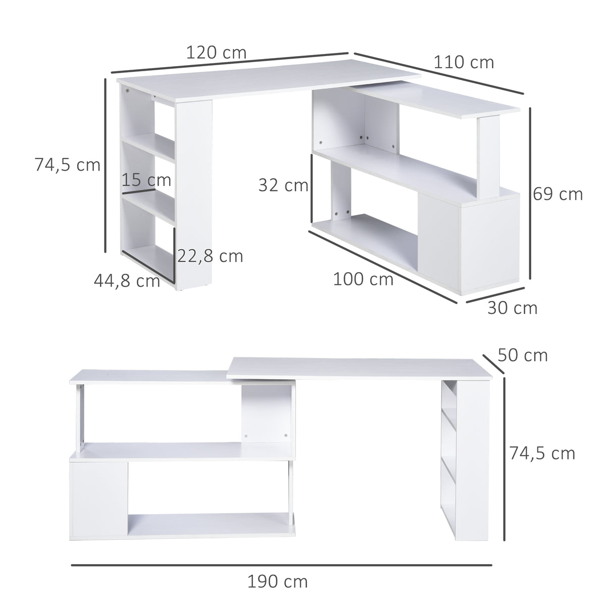 Secretária para Computador Mesa de Canto Rotação 360° Multiformes para Casa, Escola e Escritório 5 Prateleiras Estante Branca — foto 3