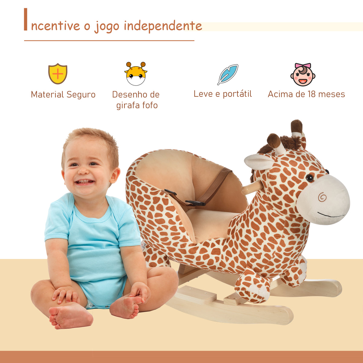 Baloiço para Crianças acima de18 Meses Baloiço de Pelúcia em Madeira com 32 Canções Cinturão de Segurança Girafa de Pelúcia 60x33x45 cm Marrom Claro — foto 4