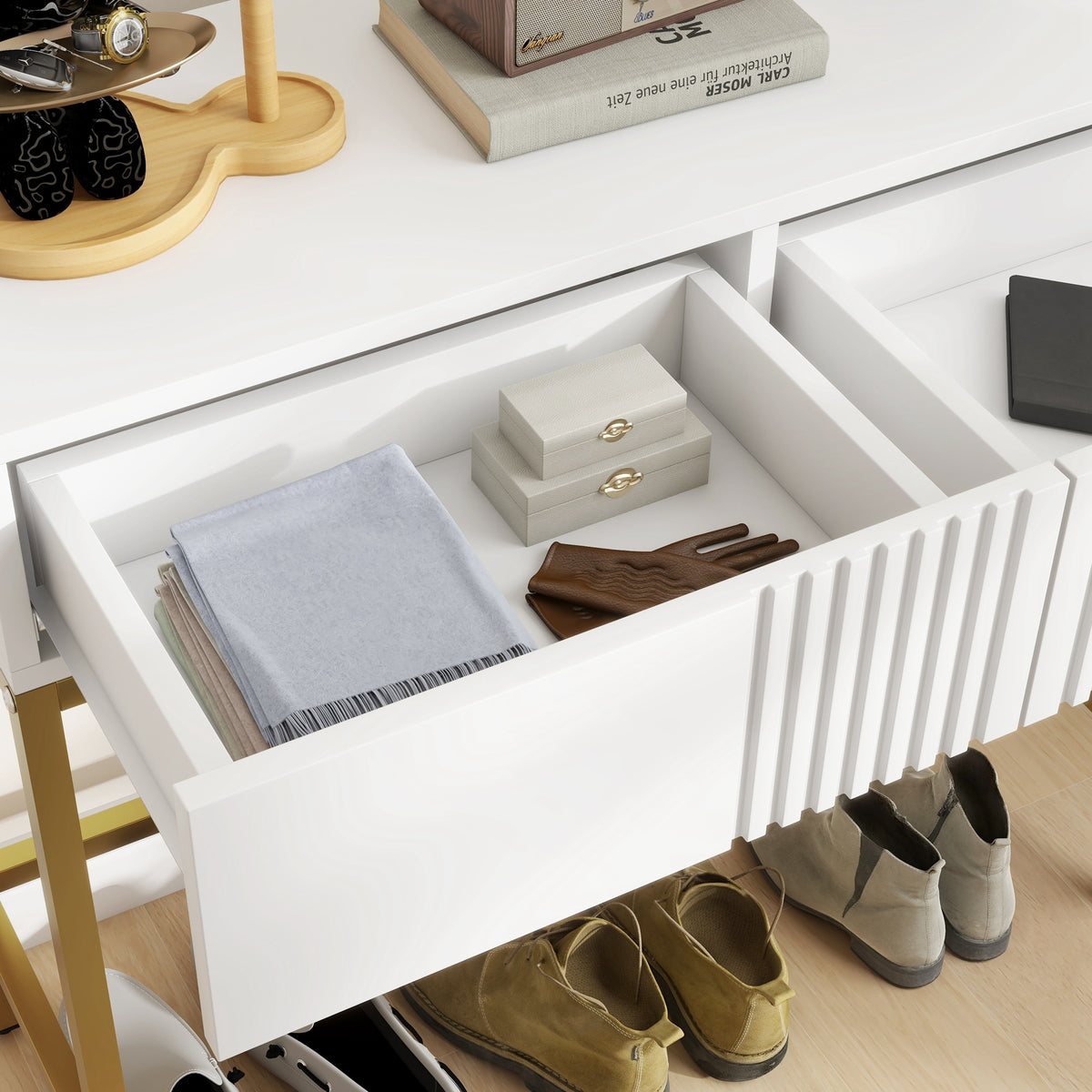 Mesa Consola Moderna Mesa de Entrada com 2 Gavetas e Pés de Aço Anti-tombo para Entrada Sala Corredor 80x31,5x75 cm Branco — foto 8