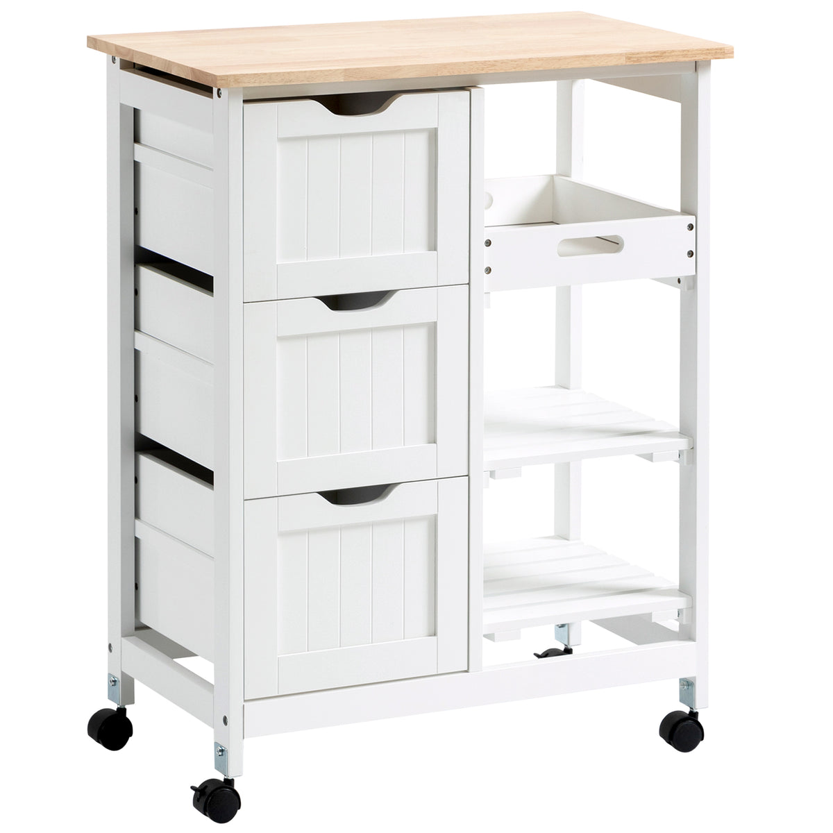 Carrinho de Cozinha com Rodas Carrinho de Serviço Multiuso com 3 Gavetas 2 Prateleiras Abertas e Bandeja para Sala de Jantar Sala de Estar 67x37x85,5cm Branco — foto 1
