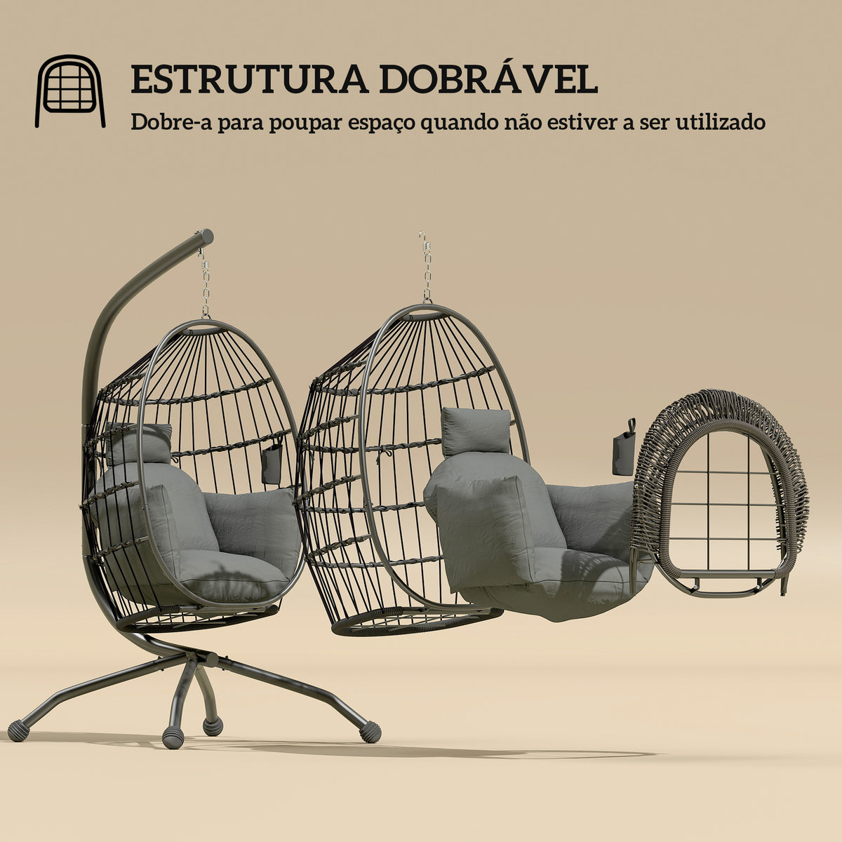 Cadeira Suspensa com Suporte Cadeira Baloiço de Jardim com Cesto Dobrável Almofada e Apoio para a Cabeça Cadeirão Suspenso para Interior e Exterior Carga 120 kg 120x88x192 cm Preto — foto 5