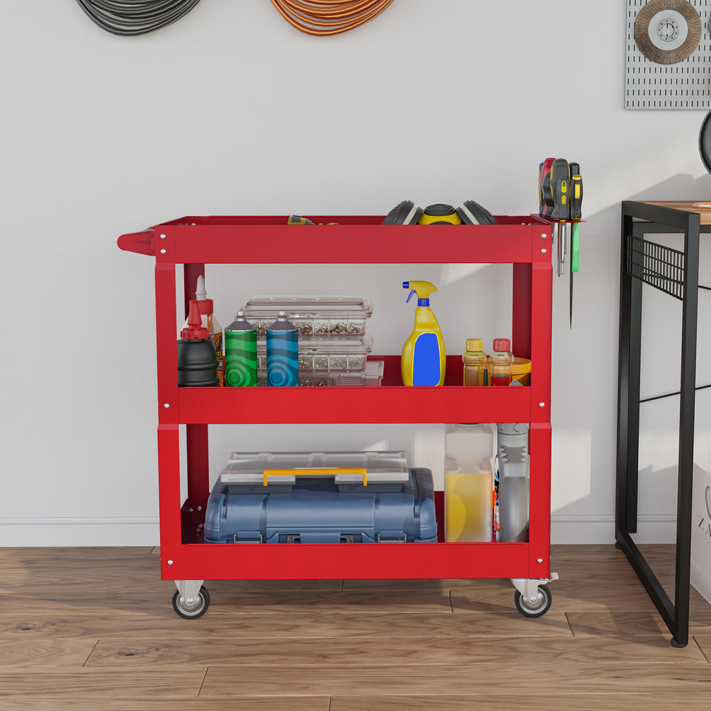 Carrinho de Ferramentas com Rodas Carro de Ferramentas de Oficina de Aço com 3 Prateleiras de Armazenamento e Alça Lateral para Garagem Oficina Carga Máxima 150kg 83x35,3x76 cm Vermelho — foto 7