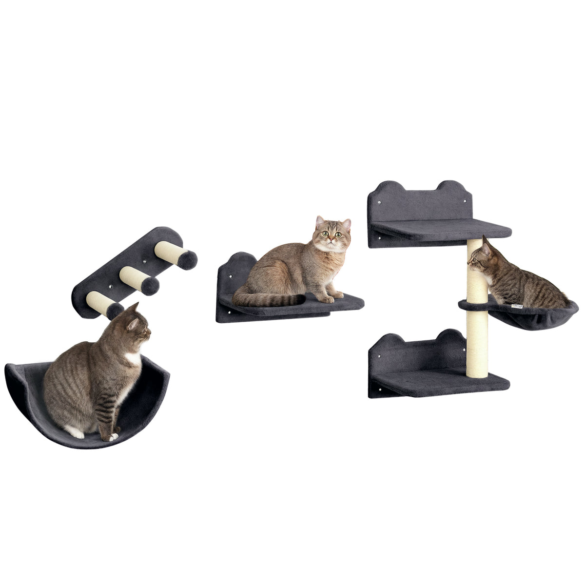 Prateleiras de Escalada para Gatos de Parede Conjunto de Prateleiras para Gatos 4 Peças com Rede Plataforma Semicircular Plataformas de Salto e Poste de Sisal Cinza Escuro — foto 1