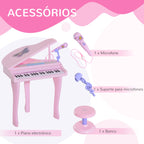 Piano para Crianças com 37 Teclas Piano Infantil com Microfone Banco Luzes 22 Músicas e Entrada para MP3 e USB 48x39x69 cm Rosa — foto 7