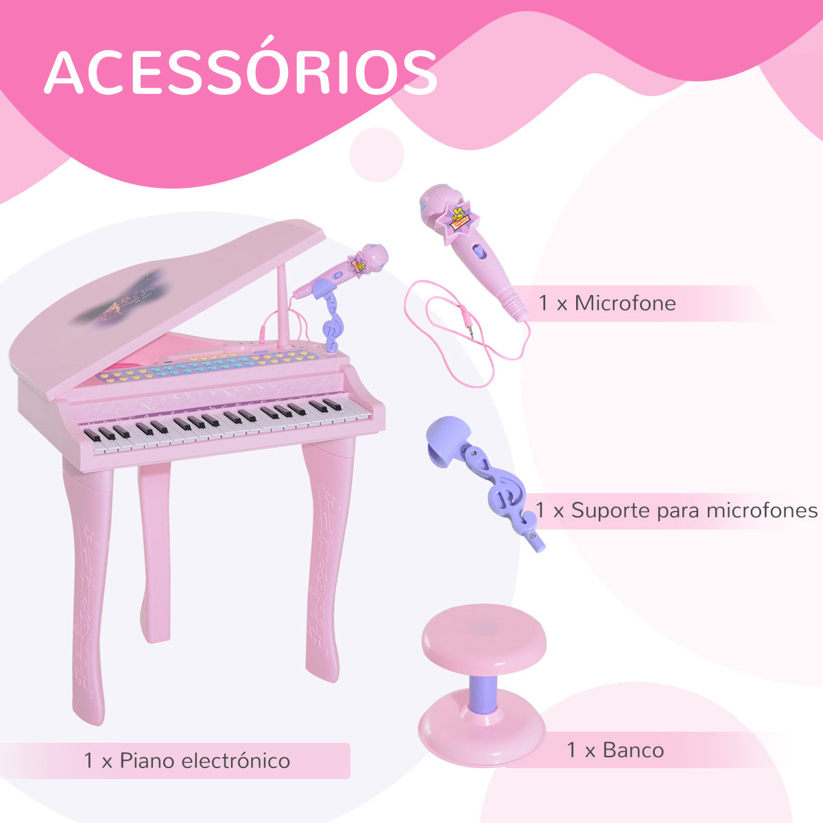 Piano para Crianças com 37 Teclas Piano Infantil com Microfone Banco Luzes 22 Músicas e Entrada para MP3 e USB 48x39x69 cm Rosa — foto 7