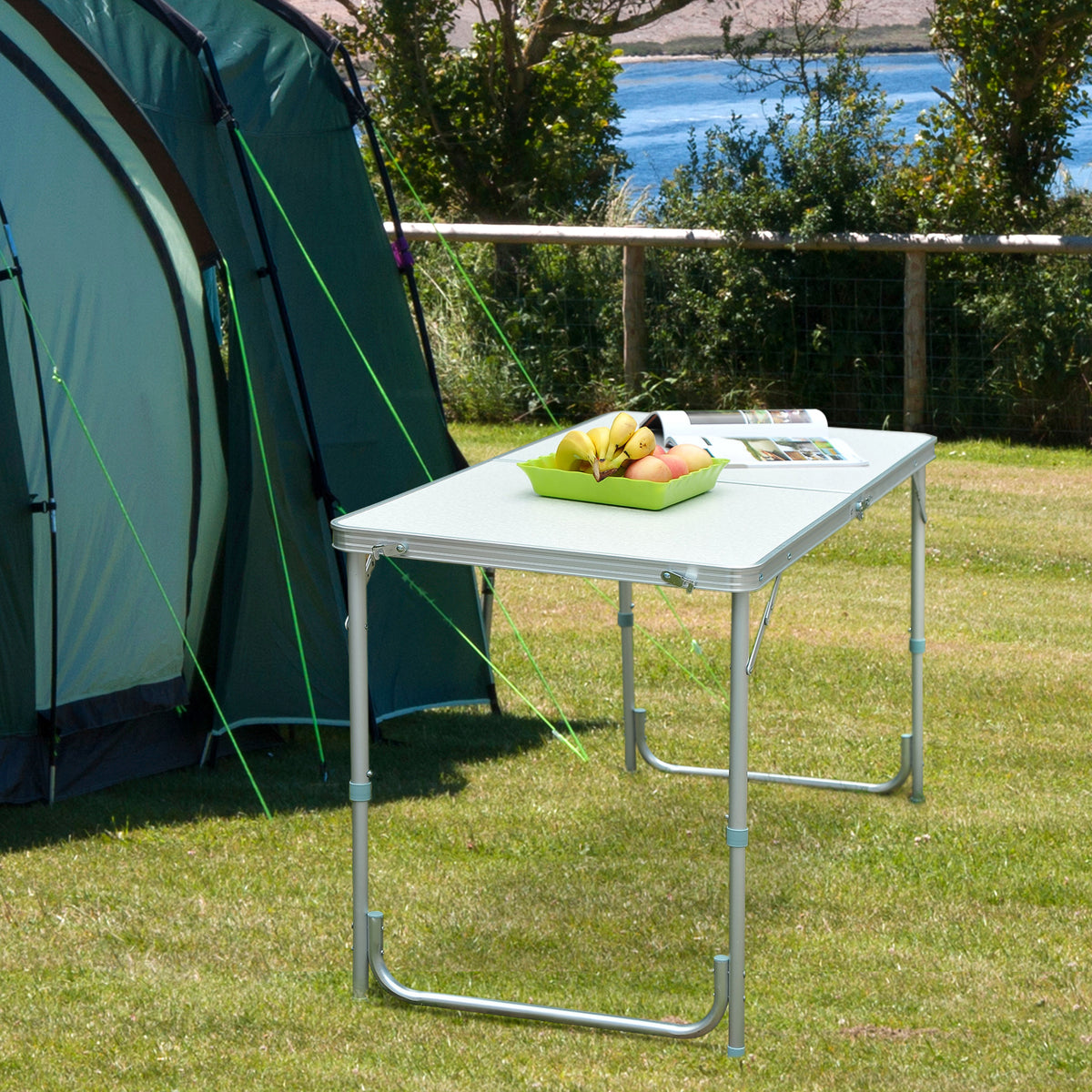 Mesa de Campismo Dobrável Convertível em Mala com Altura Ajustável para Piquenique 120x60-54-70cm Prata — foto 2