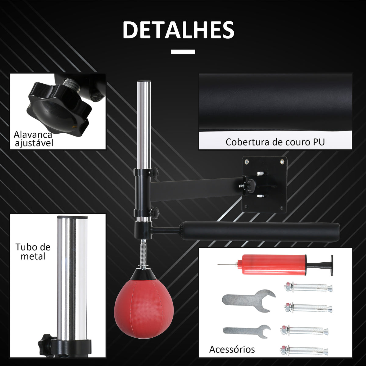 Punching Ball de Boxe Montado na Parede Altura Ajustável com Barra Giratória e Inflador Bola de Velocidade para Adultos e Adolecentes 79x72x20cm Preto e Vermelho — foto 7