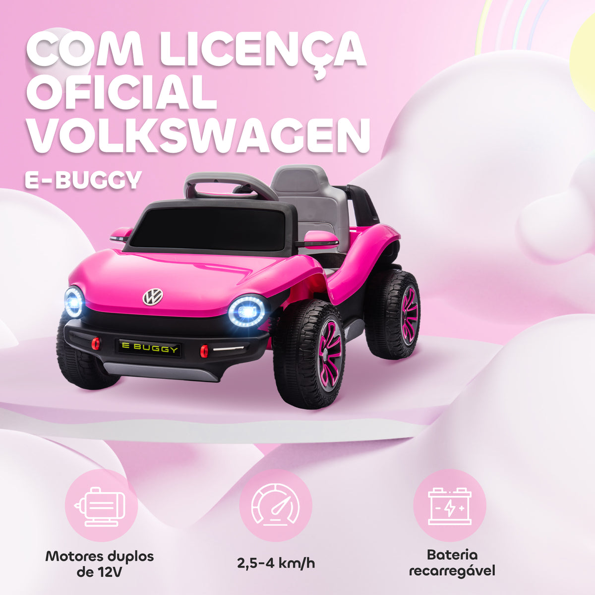 Carro Elétrico para Crianças acima de 3 Anos Volkswagen E-Buggy Bateria 12V com Controlo Remoto 2,4 G Rodas com Suspensão Faróis LED Música USB e Motor Duplo 98x56,5x47 cm Rosa — foto 4