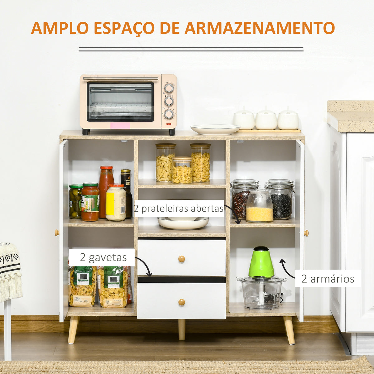 Aparador de Sala de Estar com 2 Portas 2 Gavetas e 2 Prateleiras Abertas Móvel Auxiliar de Armazenamento para Cozinha Entrada 100x30x85cm Branco e Natural — foto 4