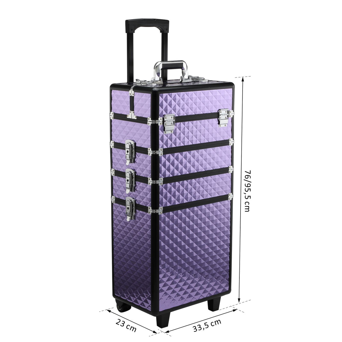 Mala de Maquilhagem Professional com Rodas Universais Mala de Maquilhagem com Diferentes Níveis Alça Extensível Trolley de Maquilhagem 33,5x23x76-95,5 cm Roxo — foto 3