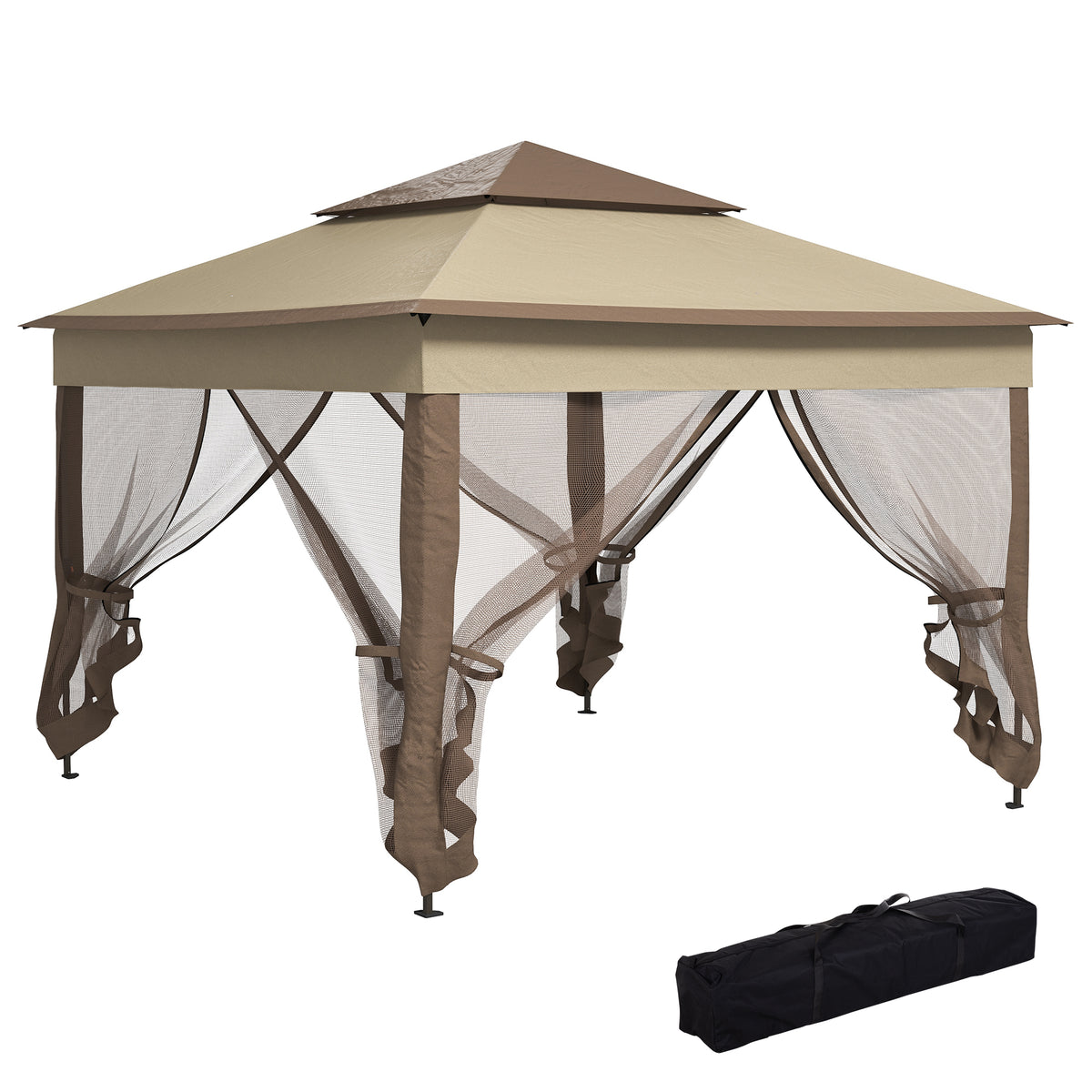Tenda Dobrável Exterior 325x325x265 cm Tenda de Jardim com Teto Duplo Rede Mosquiteira Amovível e Bolsa de Transporte para Jardim Pátio Cáqui e Marrom — foto 1