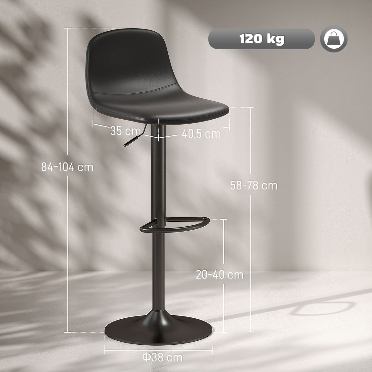 Conjunto de 2 Bancos de Bar Bancos Altos de Cozinha Reguláveis em Altura 84-104 cm com Encosto e Apoio para os Pés Estofadas em PU Giratórias em 360° para Sala de Jantar Varanda Preto — foto 3