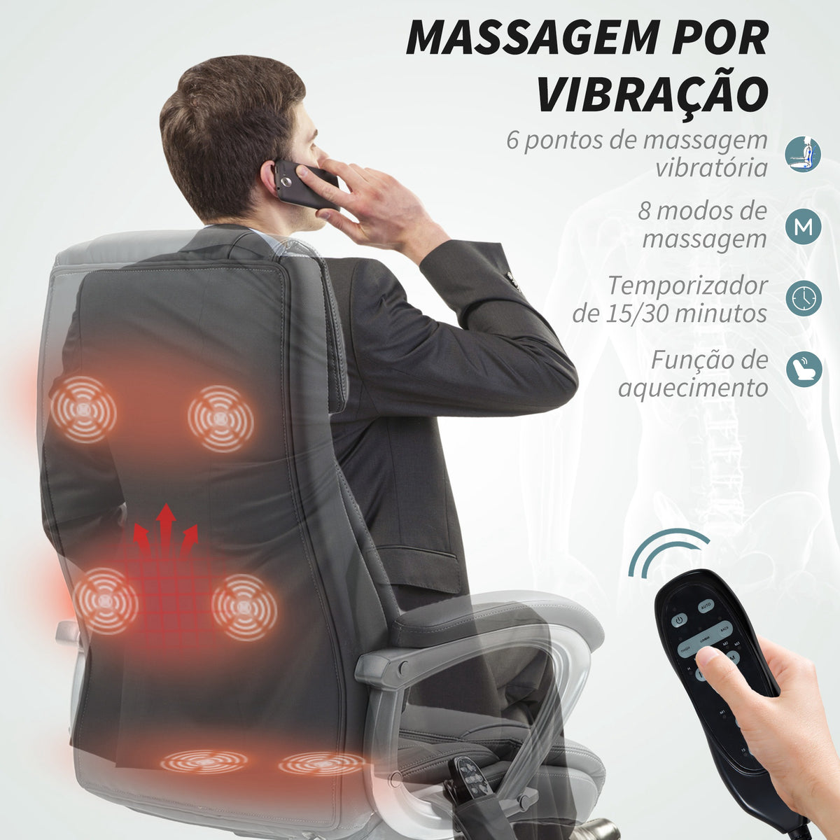 Cadeira de Escritório com Massagem Cadeira Giratória com Altura Ajustável Função de Aquecimento e Função de Inclinação Controlo Remoto para Estudo 66x72x113-121 cm Cinzento Escuro — foto 4