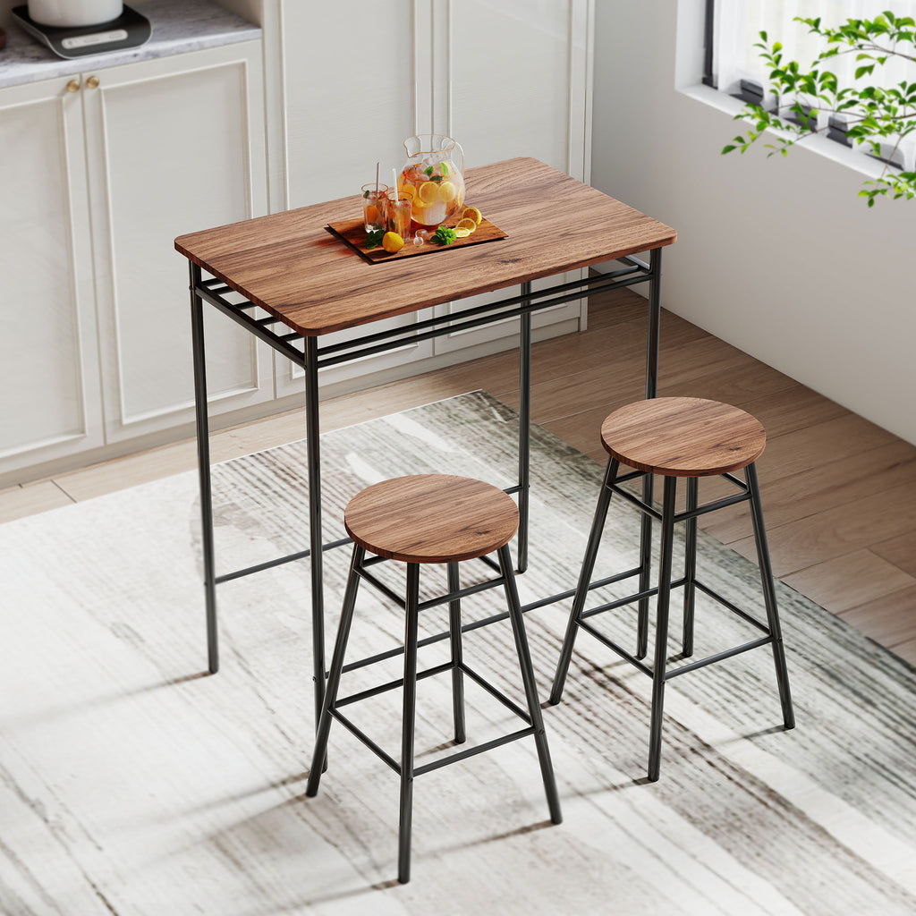 Conjunto de Mesa e Bancos de Bar Mesa Alta de Cozinha com 2 Bancos Industrial Prateleira Aberta Apoio para Pés Economia de Espaço para Espaços Reduzidos Sala de Estar Castanho — foto 2