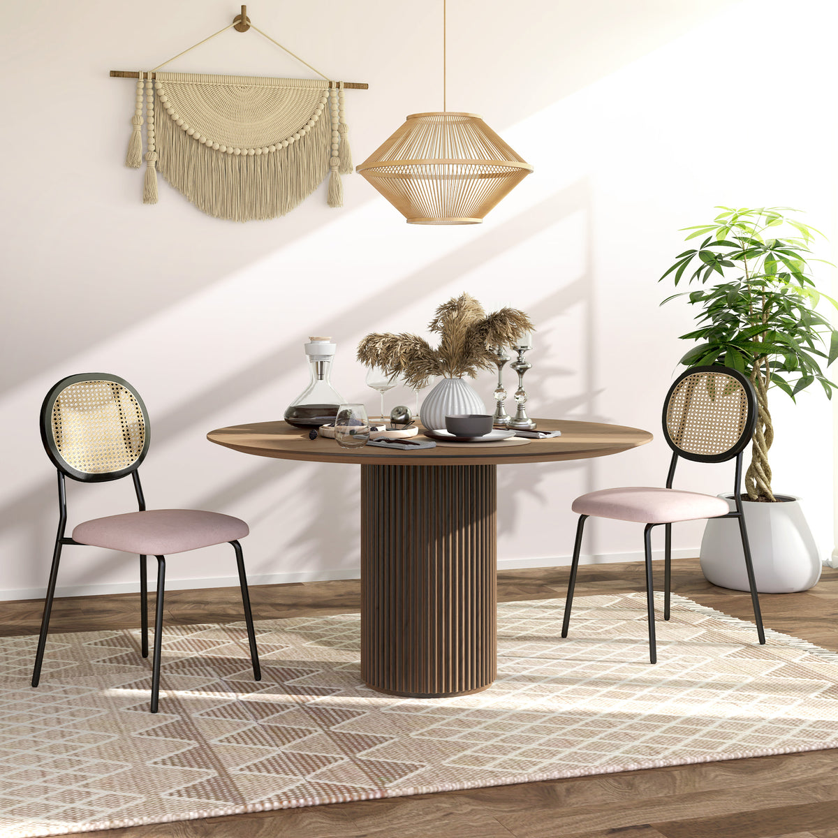 Conjunto de 2 Cadeiras de Sala de Jantar Cadeiras de Cozinha com Encosto em Vime Sintético e Estrutura de Aço para Sala de Jantar 44x54x87 cm Rosa e Preto — foto 2