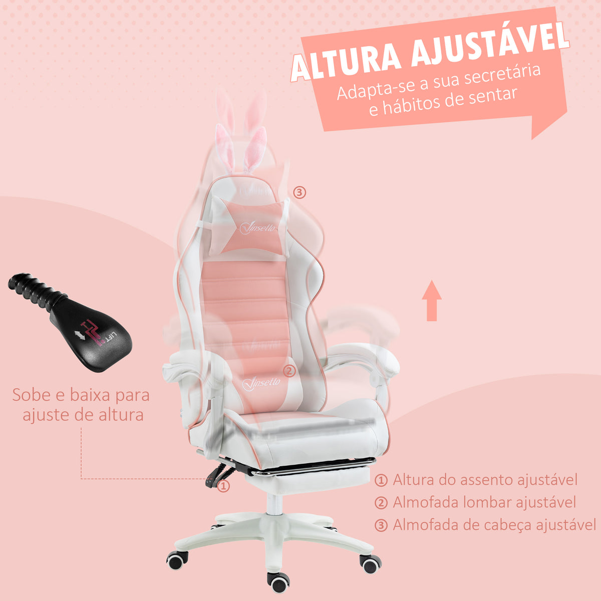 Cadeira Gaming Profissional Cadeira Gamer Giratória de Couro PU com Altura Ajustável Inclinável 135° Apoio para a Cabeça e Apoio para os Pés para Escritório 65x63x136-142 cm Rosa e Preto — foto 5