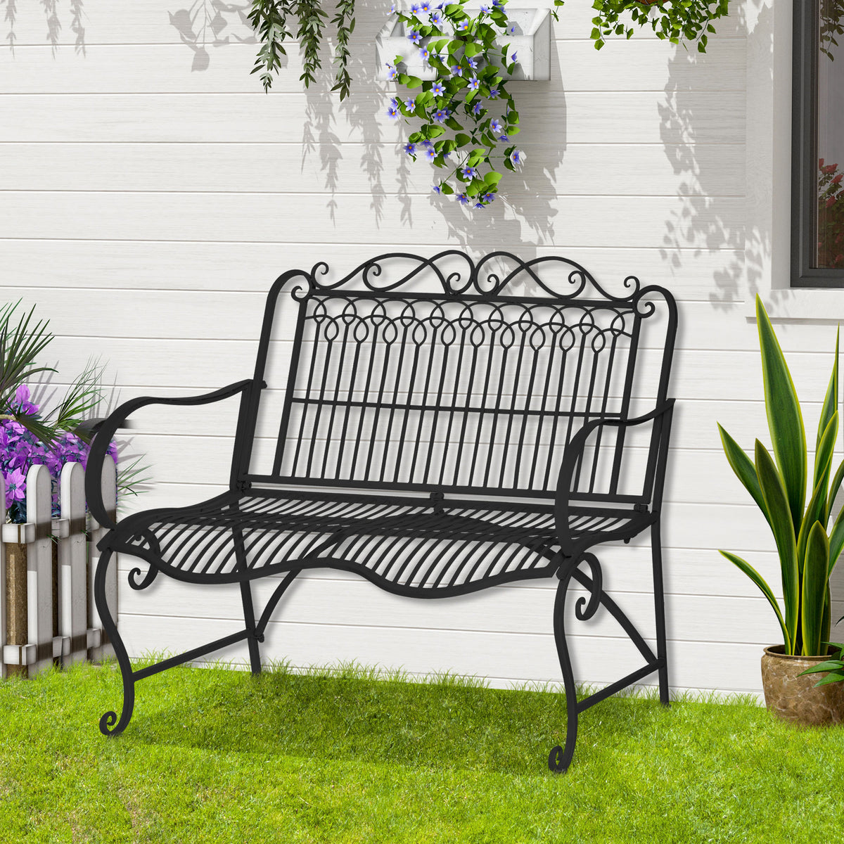Banco de Jardim de 2 Lugares 110x60x97cm Banco de Exterior de Metal com Encosto Decorativo e Apoio para os Braços para Terraço Balção 200kg Preto — foto 2
