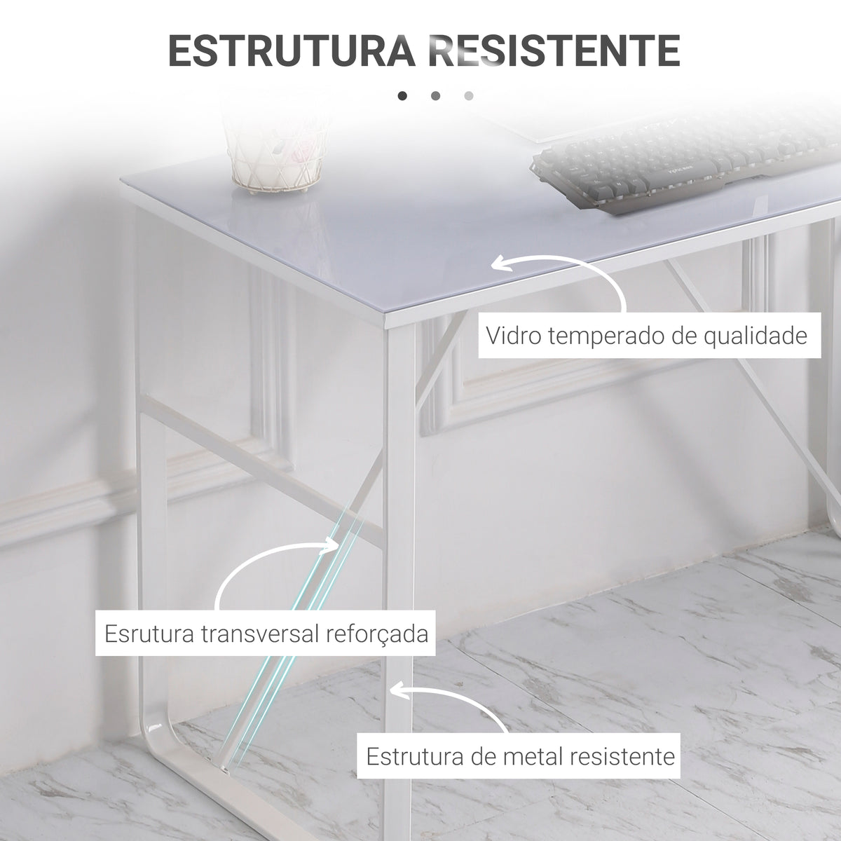 Secretária com Bancada de Vidro Temperado Carga Máxima 80kg Estilo Moderno para Escritório Estúdio Dormitório 120x60x74,5cm Branco — foto 4