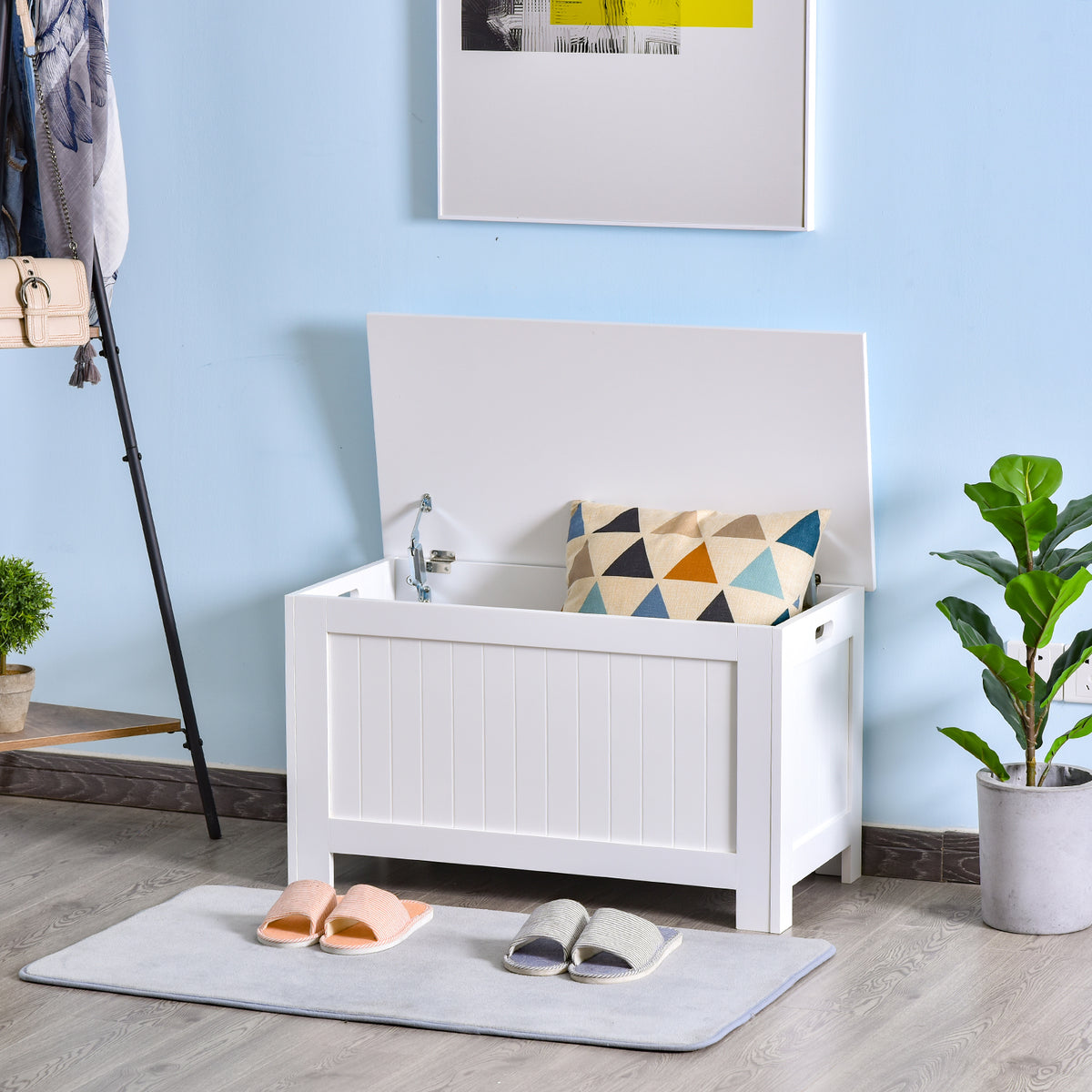 Baú de Armazenamento de Madeira Baú de Arrumação com Dobradiça de Segurança para Dormitório Sala de Estar Carga Máxima 20 kg 81x40x46 cm Branco — foto 2