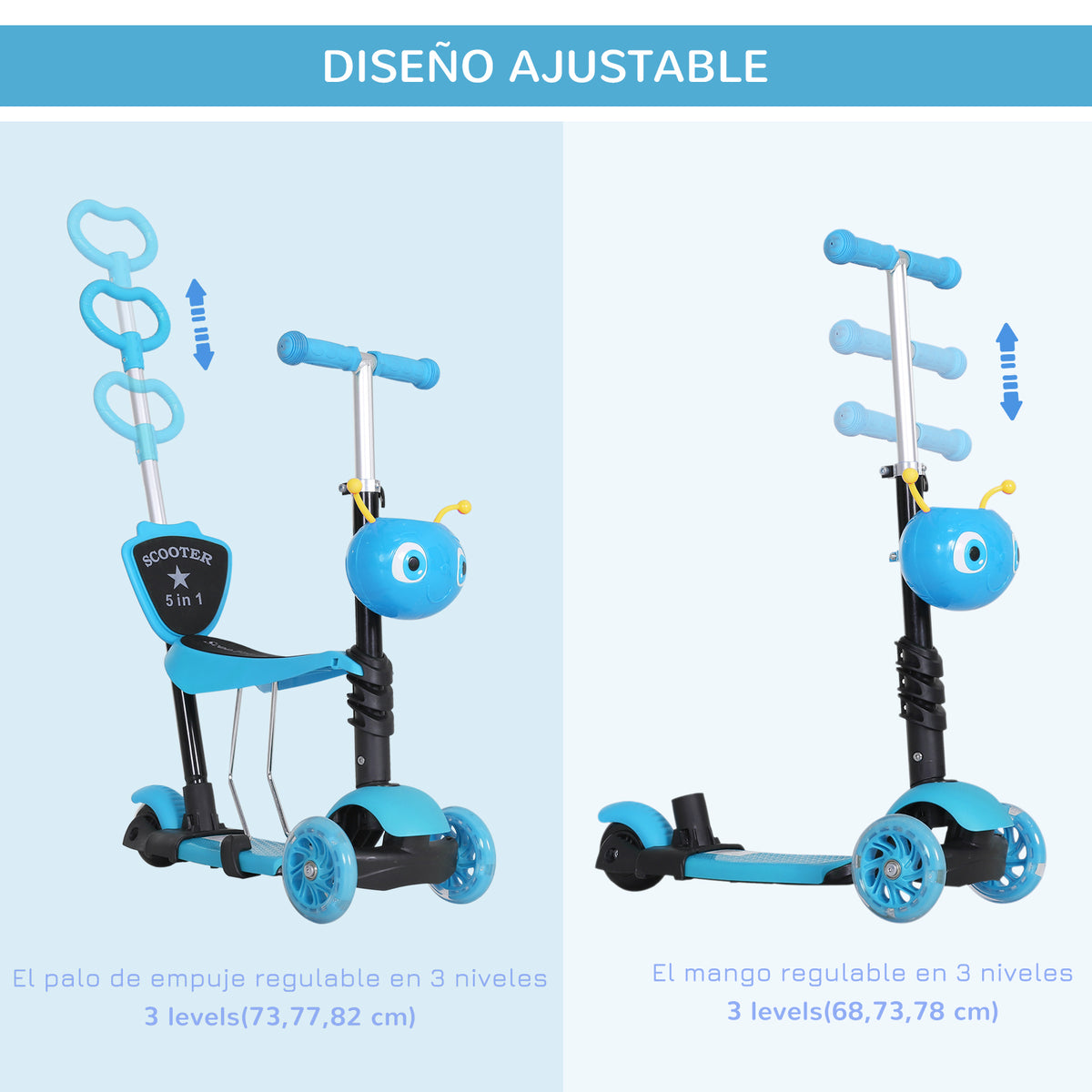 trotinete 5 em 1 para crianças de acima de1 ano trotinete de 3 rodas com assento removível guiador ajustável 62x25x72,5 cm azul — foto 4