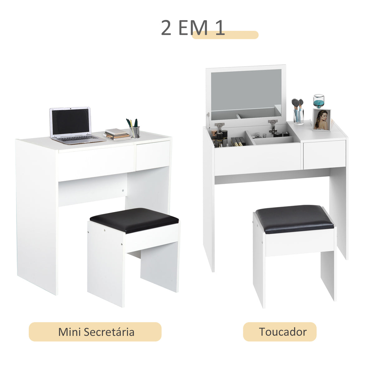 Toucador de Maquilhagem com Branco e Tampa Dobrável Mesa de Maquilhagem com Compartimentos e Gaveta 80x40x79cm Branco — foto 4
