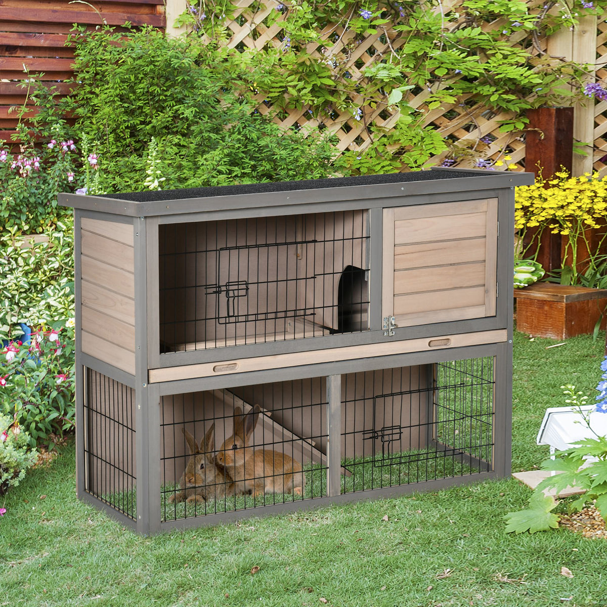 Coelheira de Madeira Exterior Gaiola para 2 Coelhos com 2 Portas com Fechaduras Teto Asfáltico Abatível Bandeja Removível Rampa e Zona Aberta 108x45x78cm Cinza — foto 2