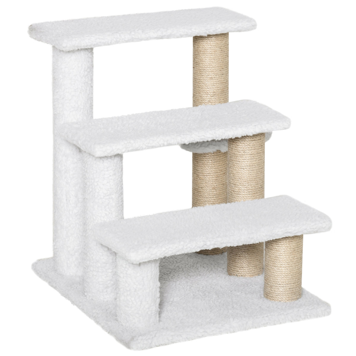 Escada para Gatos 3 Degraus Escada para Animais para Gato com Postes de Arranhar Bola Escada para Cão em Pelúcia e Juta 45 x 40 x 48 cm Branco — foto 1
