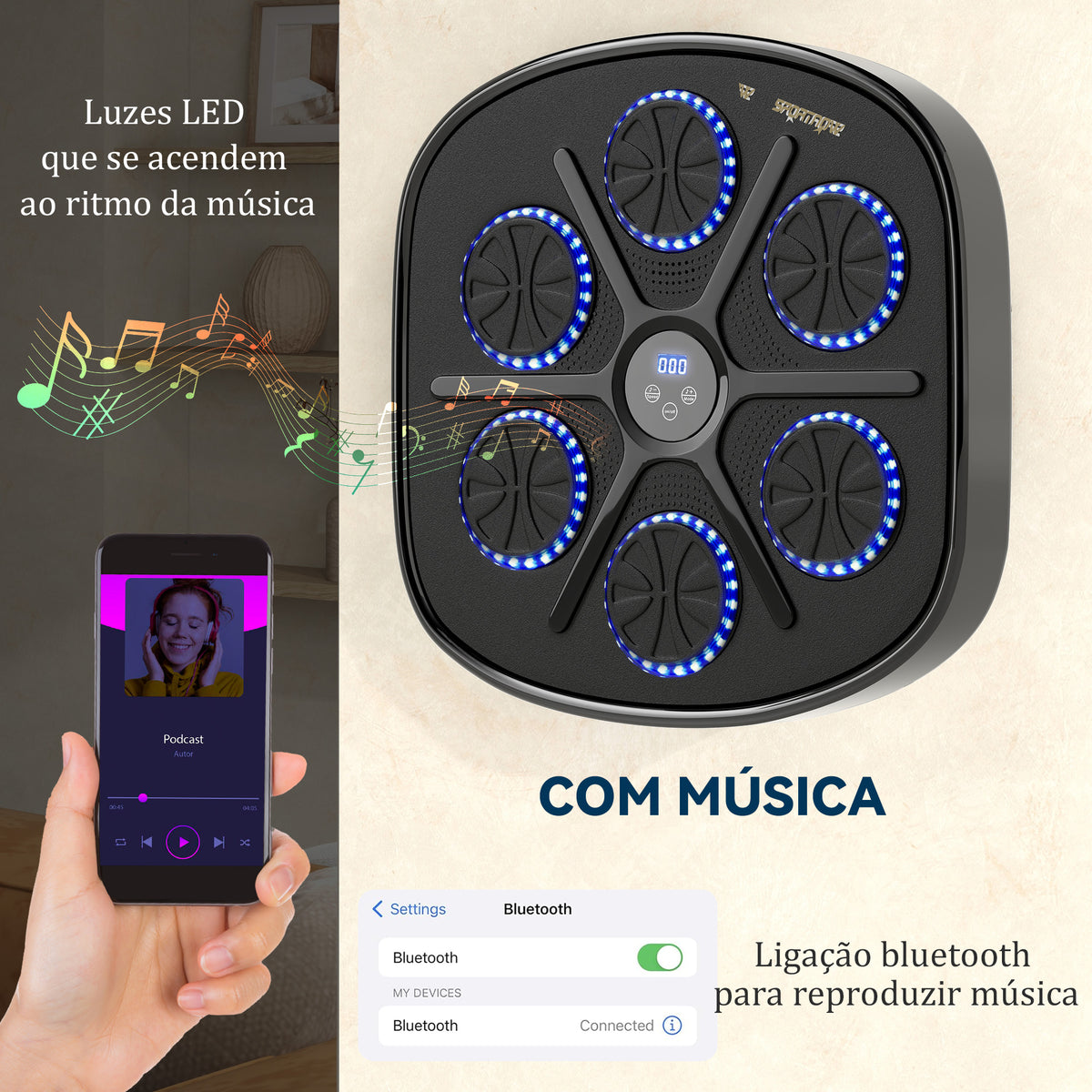 Máquina de Boxe Musical com 9 Modos de Velocidade Luvas e Conexão Bluetooth Boxe Musical de Parede com Luzes LED para Adultos e Crianças em Casa Escritório Ginásio 41,8x44,6x7,5 cm Preto — foto 5