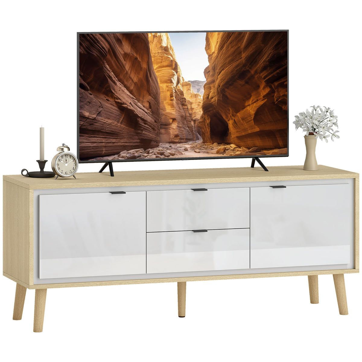 Móvel de TV Moderno de 2 Portas Móvel TV para Sala com 2 Gavetas Orifícios Passa-Cabos Prateleiras Removíveis e Ajustáveis para Televisão 55 Polegadas 120x35x50 cm Branco Brilho e Carvalho — foto 1
