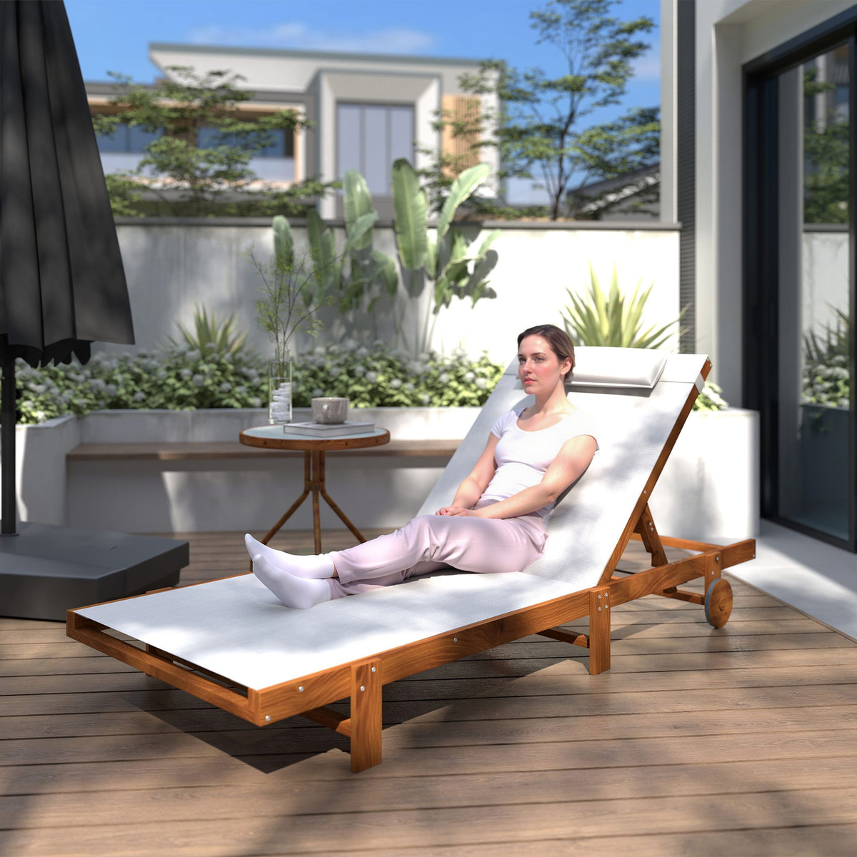Espreguiçadeira Reclinável de Madeira com Rodas Espreguiçadeira Jardim Exterior com Encosto Ajustável em 4 Níveis e Apoio para Cabeça Carga 120 kg para Pátio Varanda 200x84x101 cm Branco e Madeira — foto 2