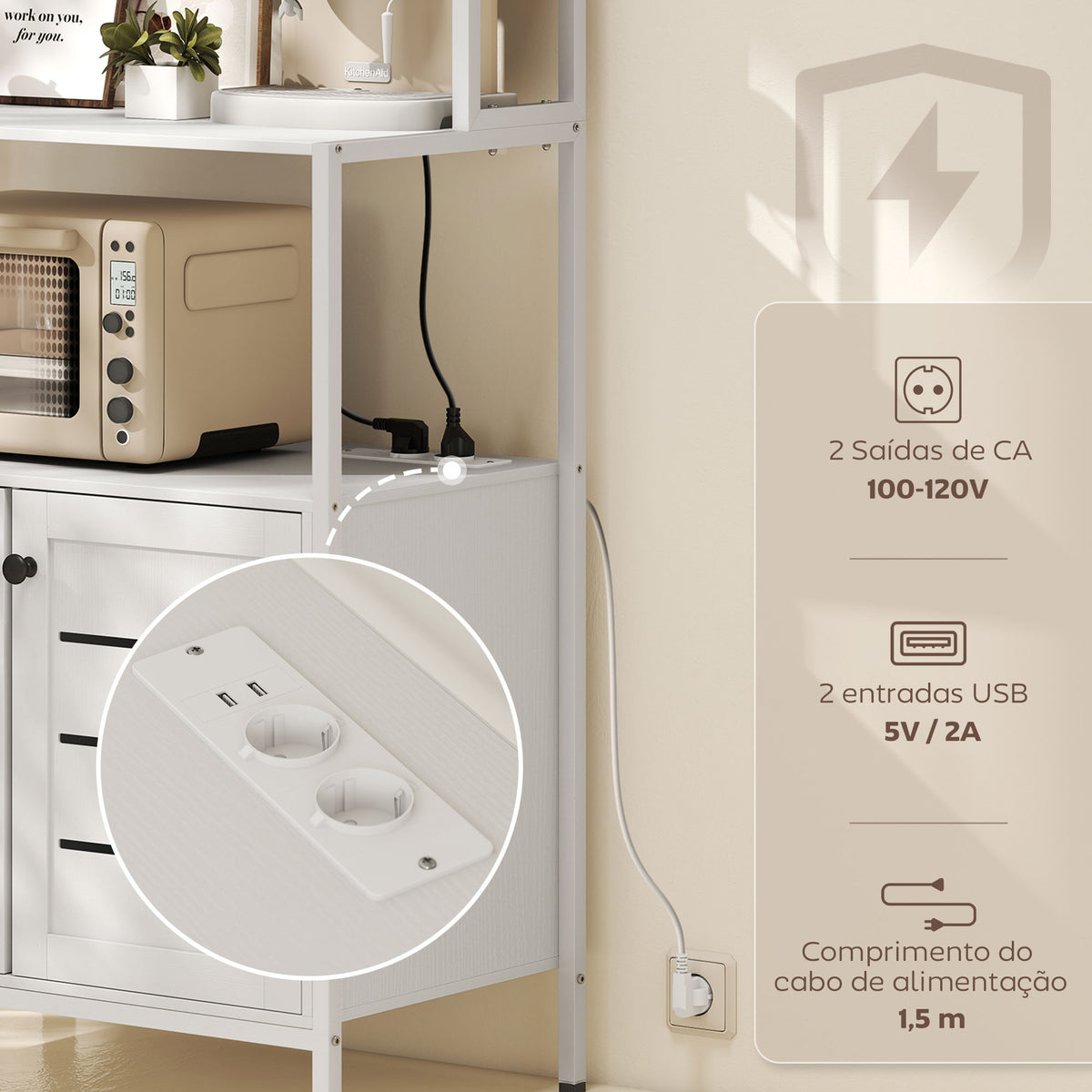 Armário de Cozinha com Tomada de Corrente Suporte para Micro-Ondas Estante de Cozinha com 2 Portas 2 Entradas USB e Compartimentos para Sala de Jantar Sala 80x42x171 cm Branco — foto 4