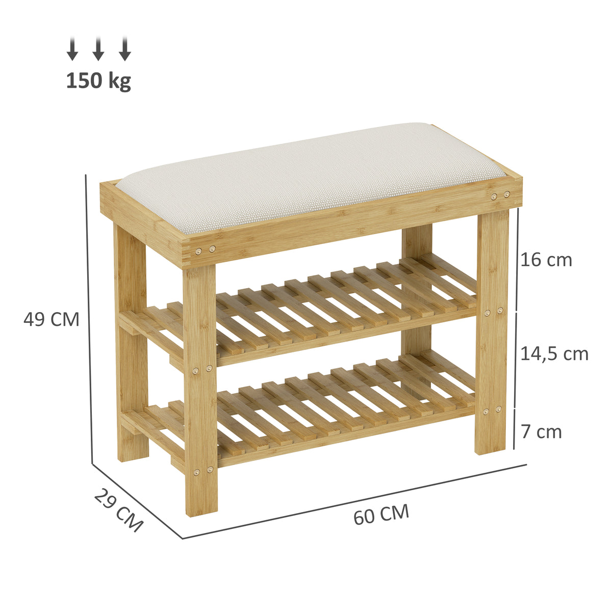 Banco Sapateira de Bambu Sapateira com Assento Almofadado 2 Prateleiras para 6 Pares de Sapatos para Entrada Dormitório 60x29x49 cm Madeira e Creme — foto 3